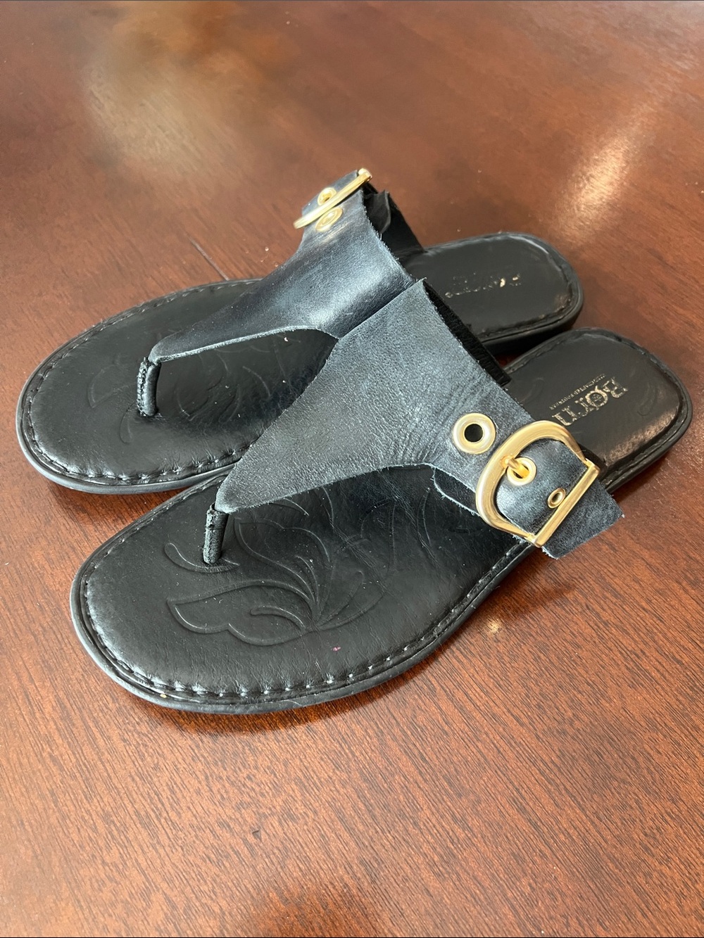 Born Black Leather Slide with Gold Logo Detail